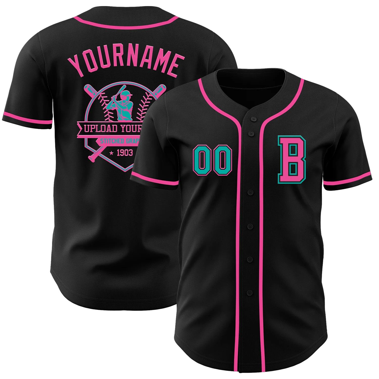 Custom Black Aqua-Pink Authentic Baseball Jersey - Image 5
