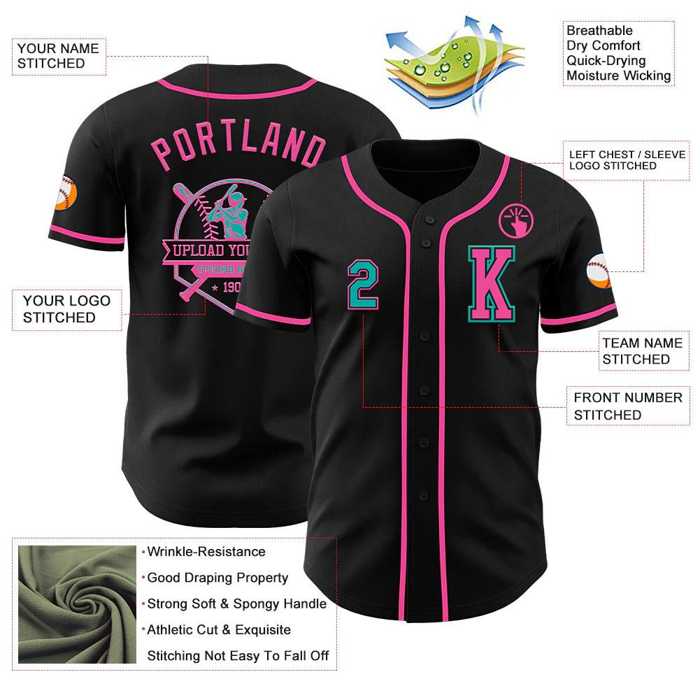 Custom Black Aqua-Pink Authentic Baseball Jersey - Image 6