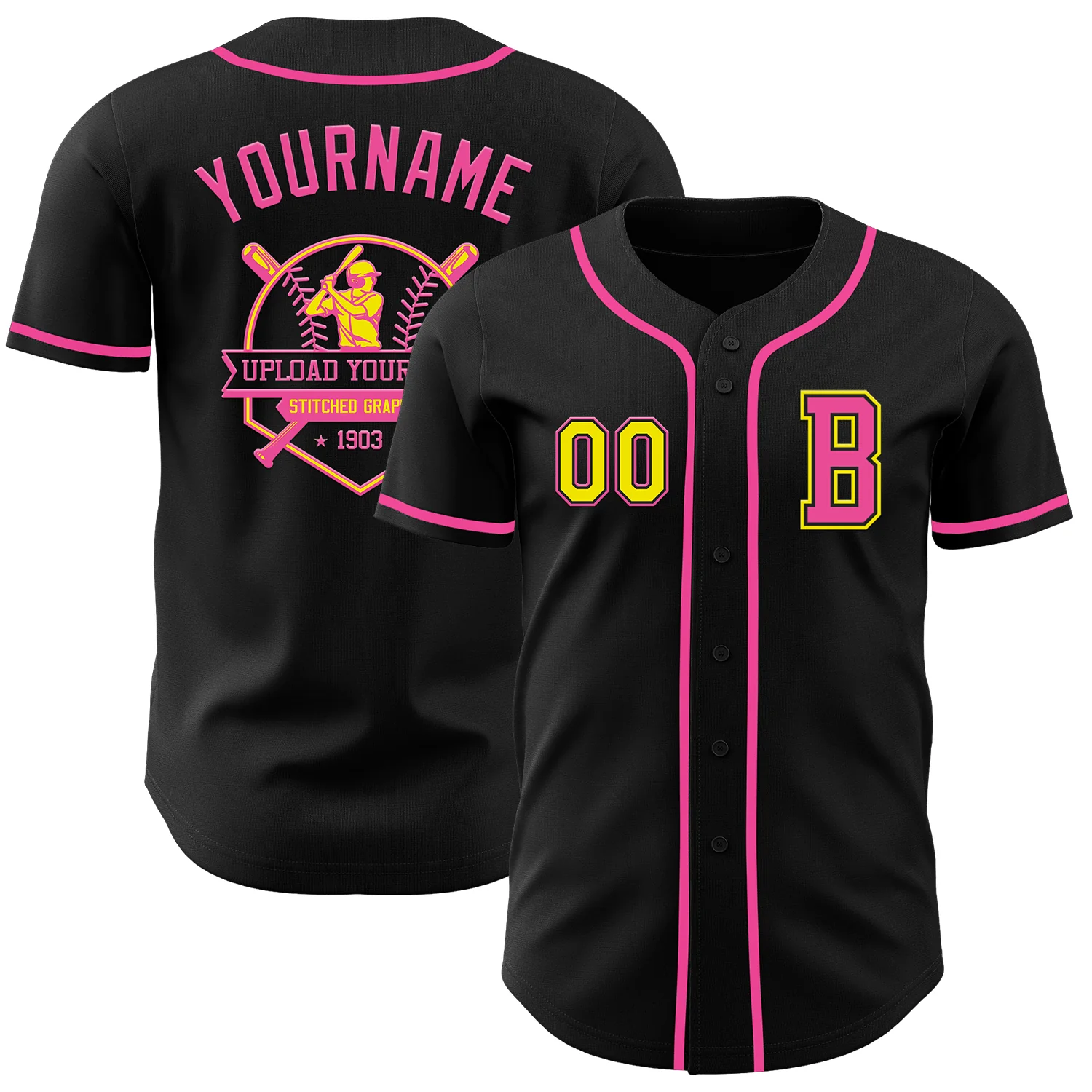 Custom Black Light Yellow-Pink Authentic Baseball Jersey - Image 5