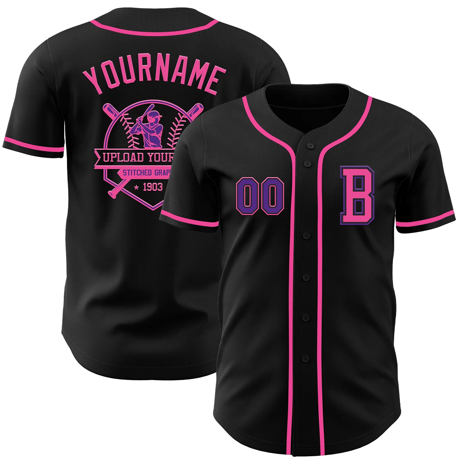 Custom Black Purple-Pink Authentic Baseball Jersey - Image 5