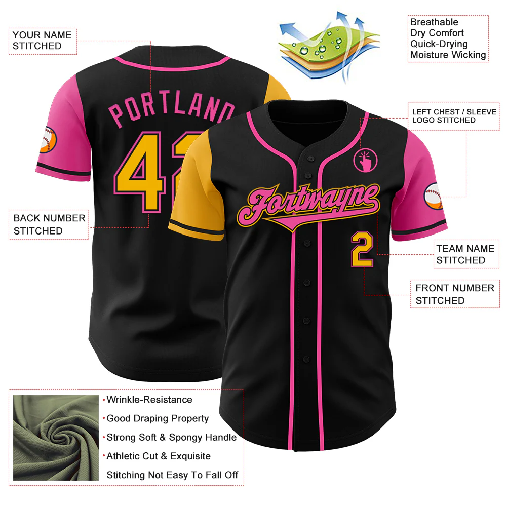 Custom Black Gold-Pink Authentic Two Tone Baseball Jersey - Image 3