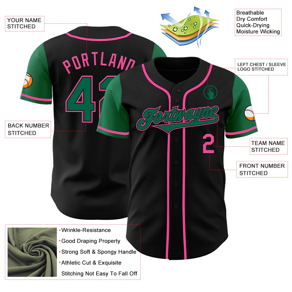 Custom Black Kelly Green-Pink Authentic Two Tone Baseball Jersey - Image 3