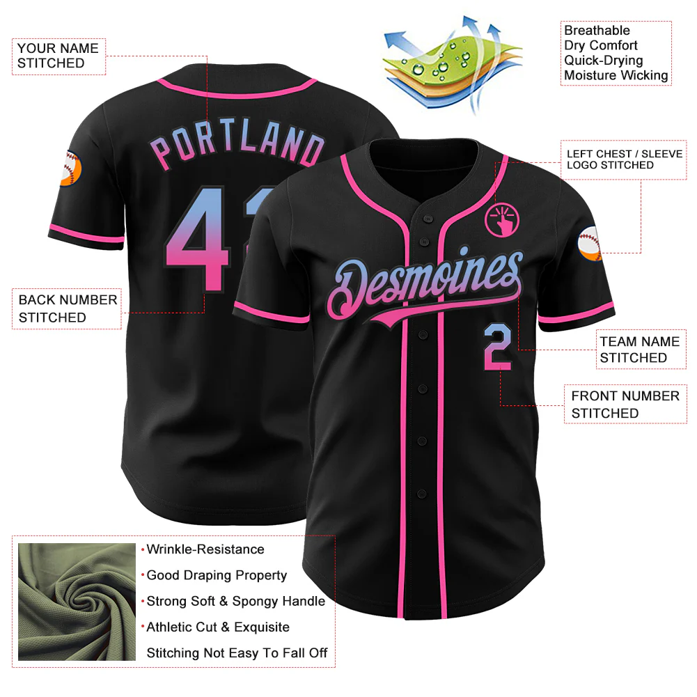 Custom Black Light Blue-Pink Authentic Fade Fashion Baseball Jersey - Image 3