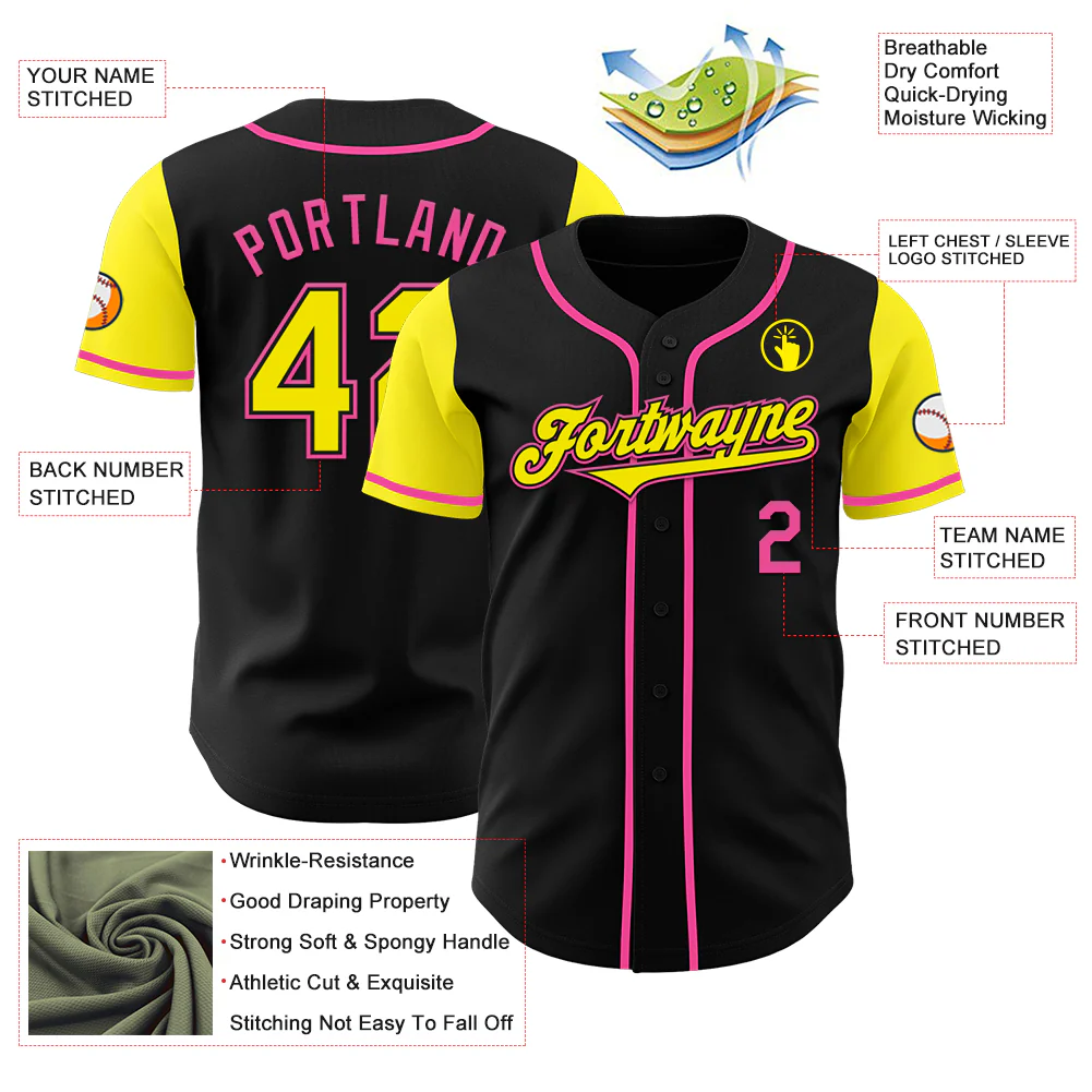 Custom Black Light Yellow-Pink Authentic Two Tone Baseball Jersey - Image 3