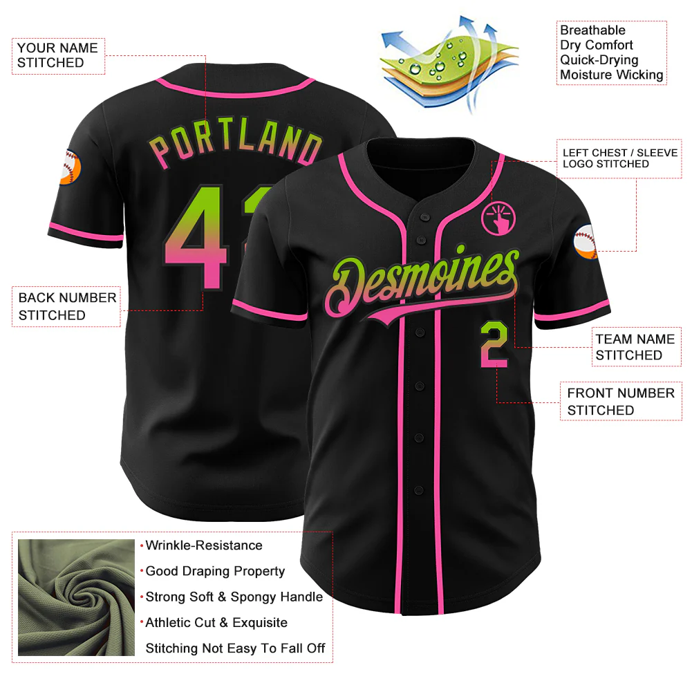 Custom Black Neon Green-Pink Authentic Fade Fashion Baseball Jersey - Image 3