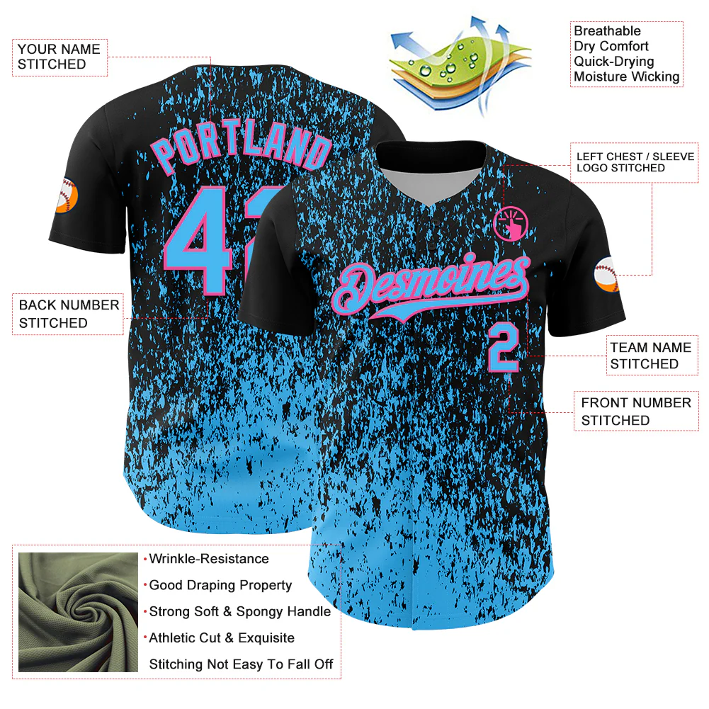 Custom Black Sky Blue-Pink Abstract Fragment Splatter Authentic Baseball Jersey - Image 3