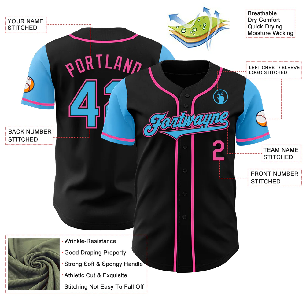 Custom Black Sky Blue-Pink Authentic Two Tone Baseball Jersey - Image 3