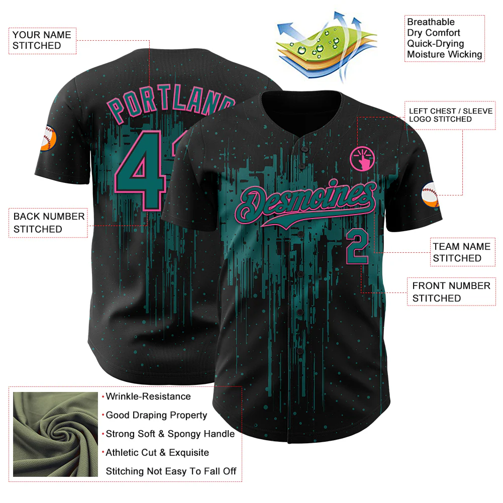 Custom Black Teal-Pink Dripping Splatter Paint Authentic Baseball Jersey - Image 3