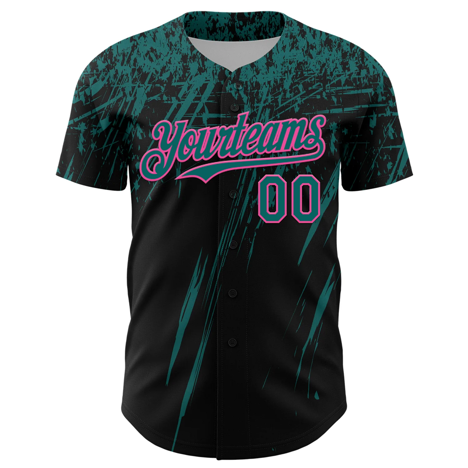 Custom Black Teal-Pink Distressed Scratch Brush Stroke Authentic Baseball Jersey - Image 2