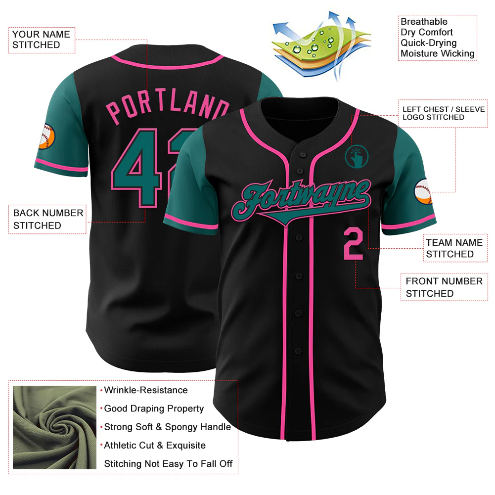 Custom Black Teal-Pink Authentic Two Tone Baseball Jersey - Image 3