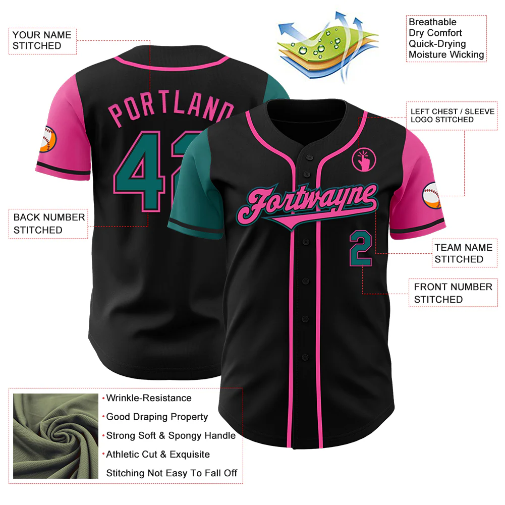 Custom Black Teal-Pink Authentic Two Tone Baseball Jersey - Image 3