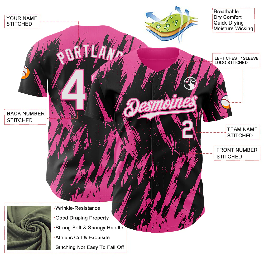 Custom Black White-Pink Splatter Torn Sharp Brush Stroke Authentic Baseball Jersey - Image 3