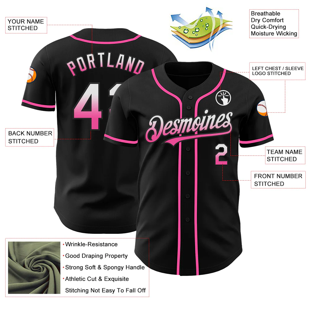 Custom Black White-Pink Authentic Fade Fashion Baseball Jersey - Image 3