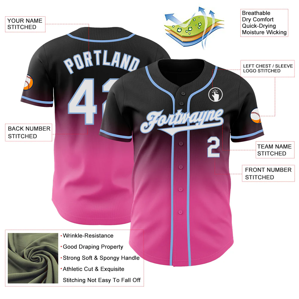 Custom Black White Pink-Light Blue Authentic Fade Fashion Baseball Jersey - Image 3