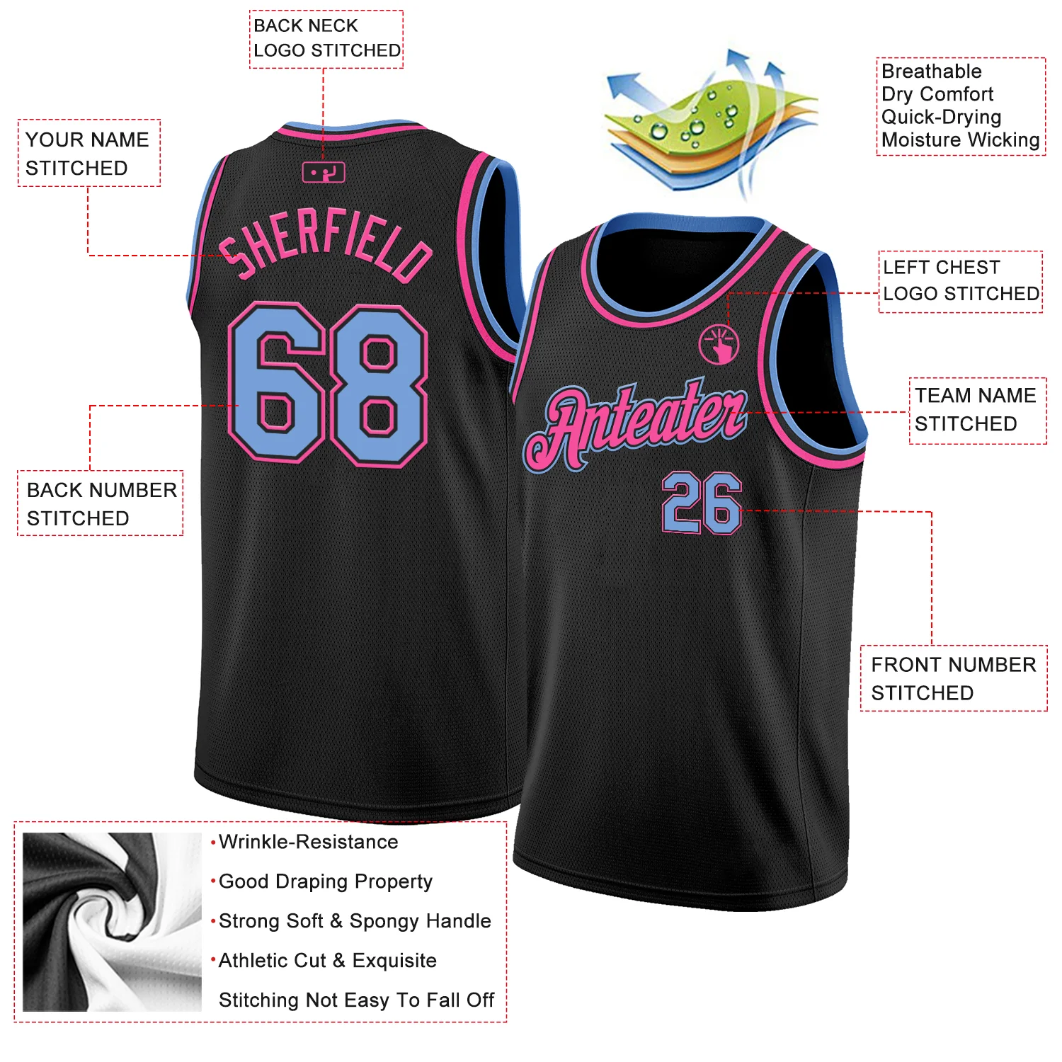 Custom Black Light Blue-Pink Authentic Basketball Jersey - Image 2