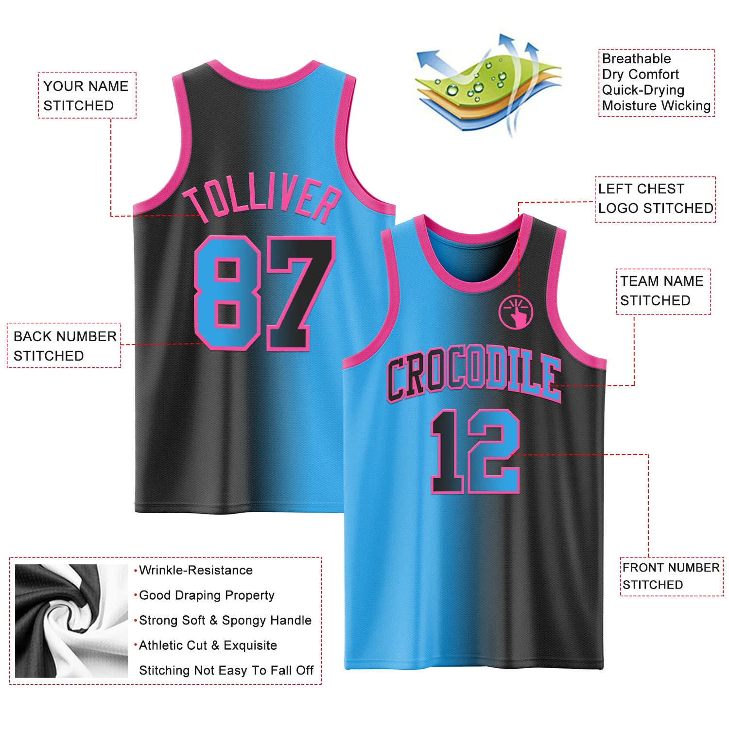 Custom Black Sky Blue-Pink Authentic Gradient Fashion Basketball Jersey - Image 3