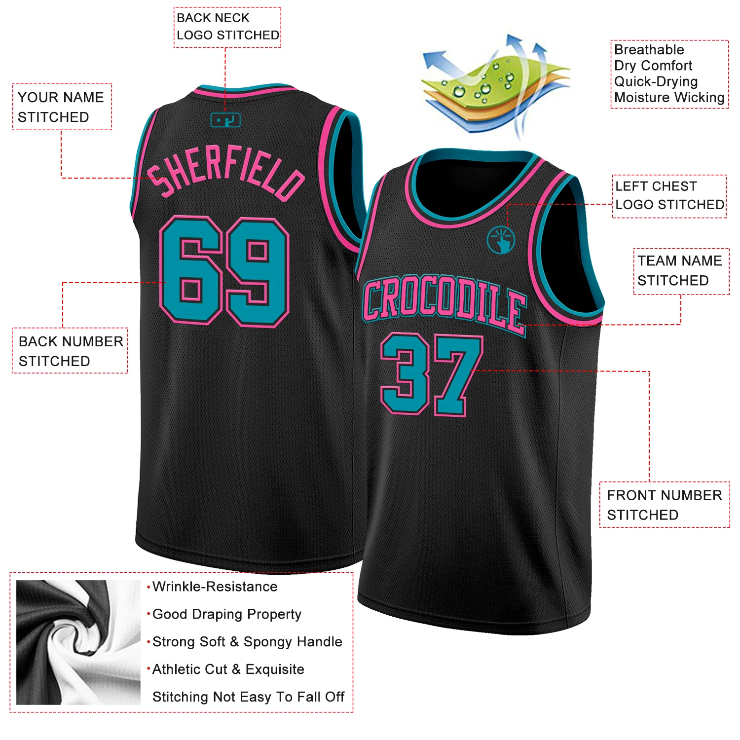 Custom Black Teal-Pink Authentic Basketball Jersey - Image 2