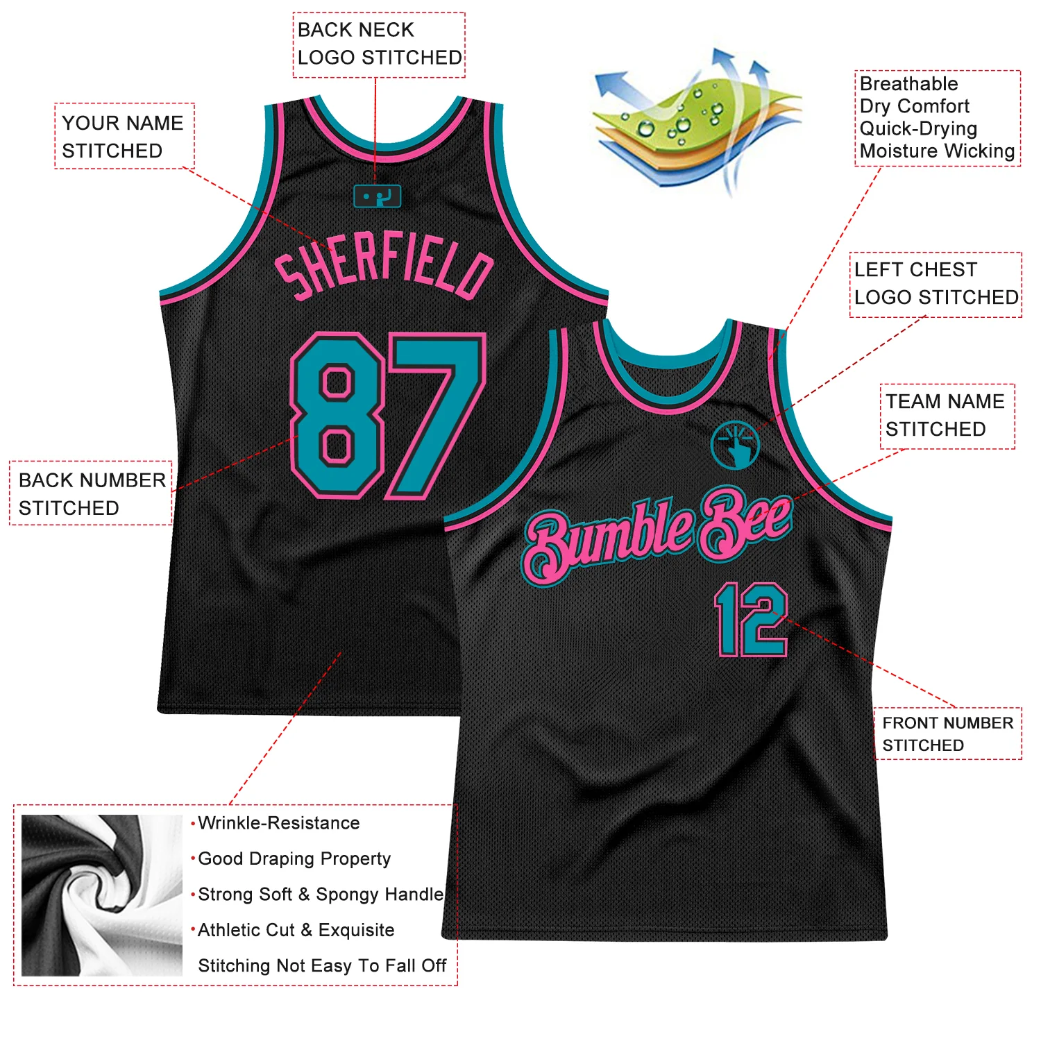 Custom Black Teal-Pink Authentic Throwback Basketball Jersey - Image 2