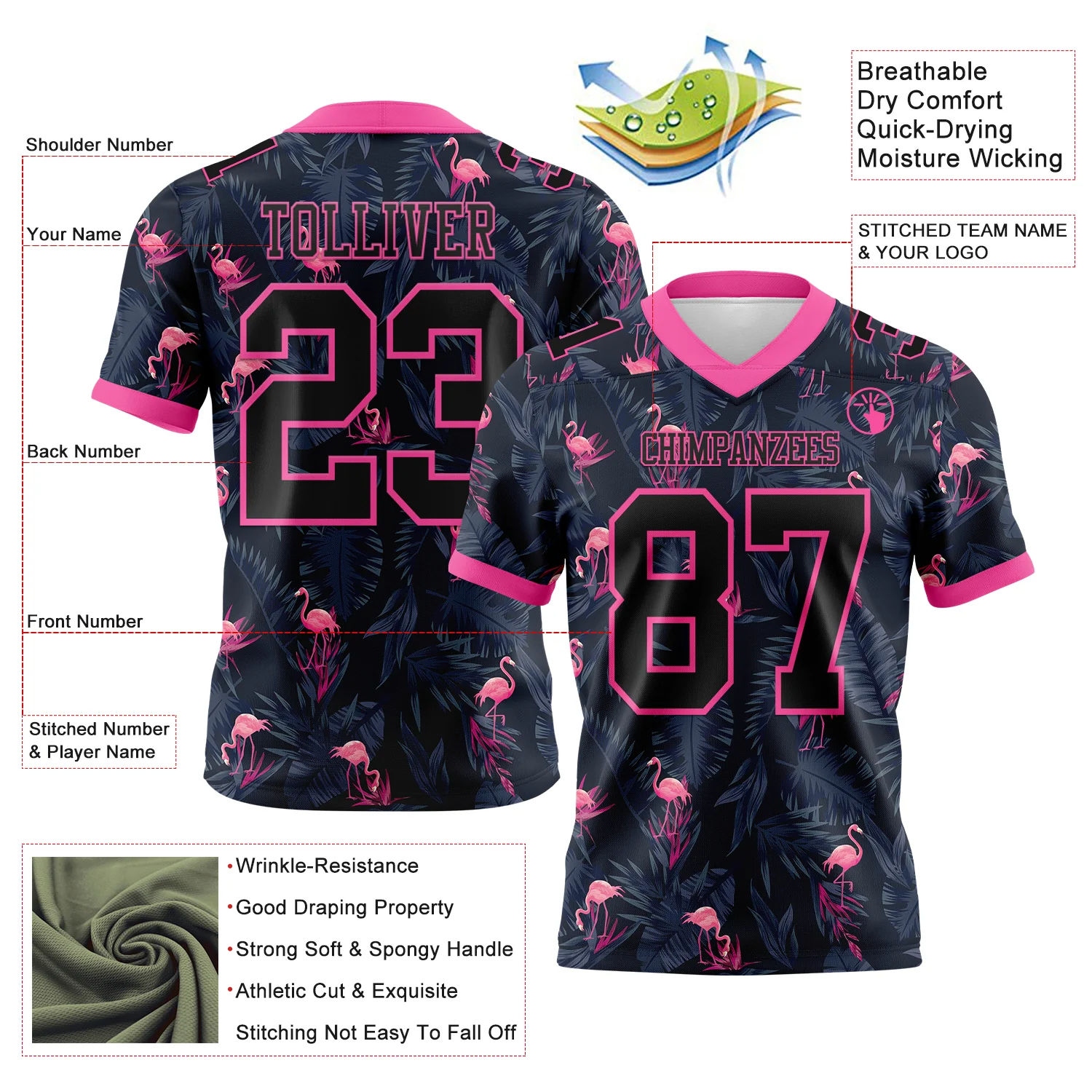 Custom Black Pink 3D Pattern Flamingo Authentic Football Jersey - Image 3