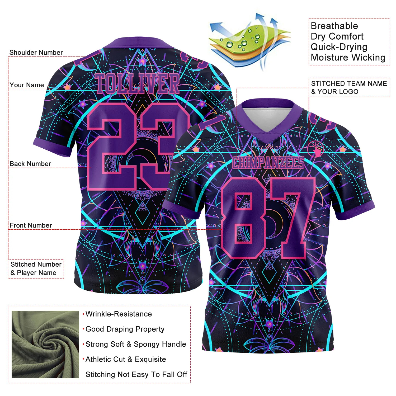 Custom Black Purple-Pink 3D Pattern Magic Mushrooms Over Sacred Geometry Psychedelic Hallucination Authentic Football Jersey - Image 3