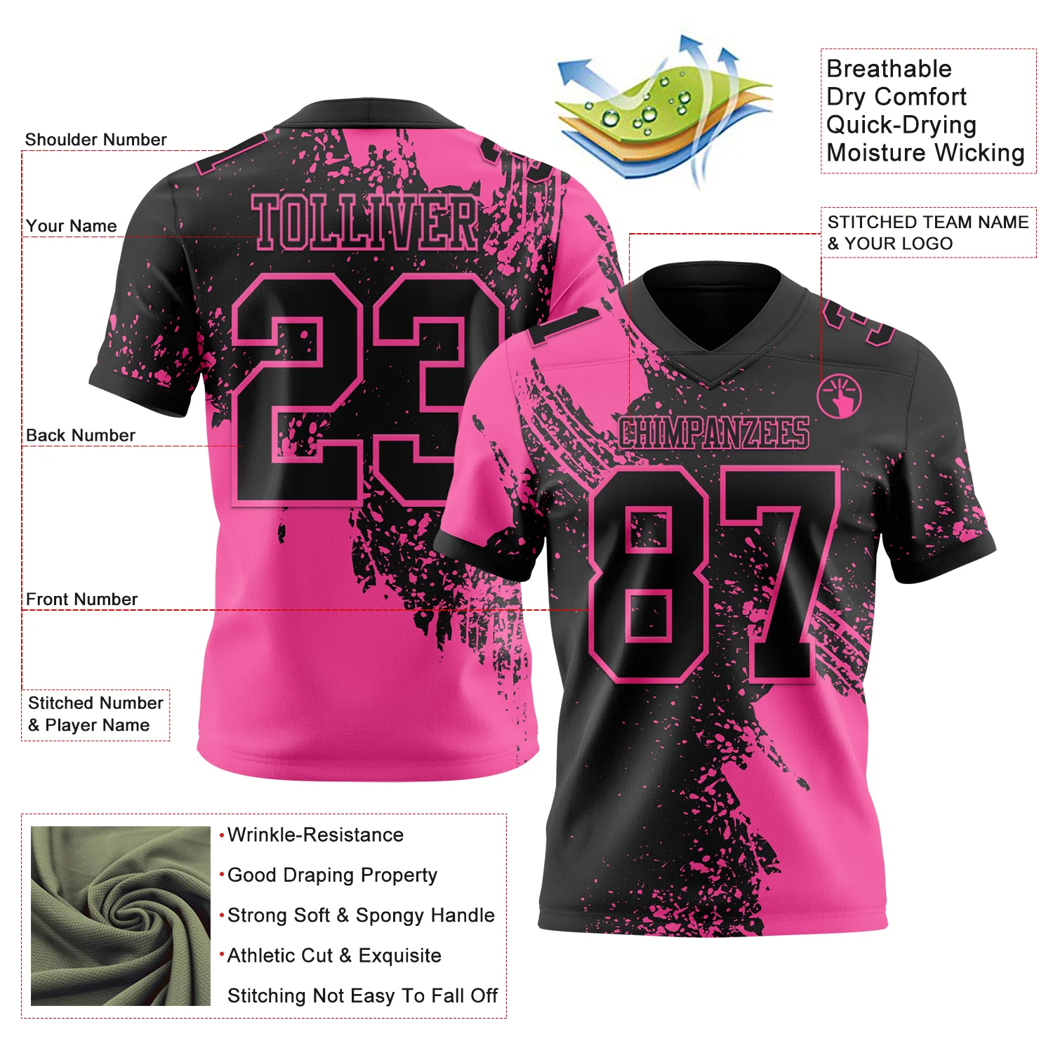 Custom Black Pink 3D Pattern Abstract Brush Stroke Authentic Football Jersey - Image 2