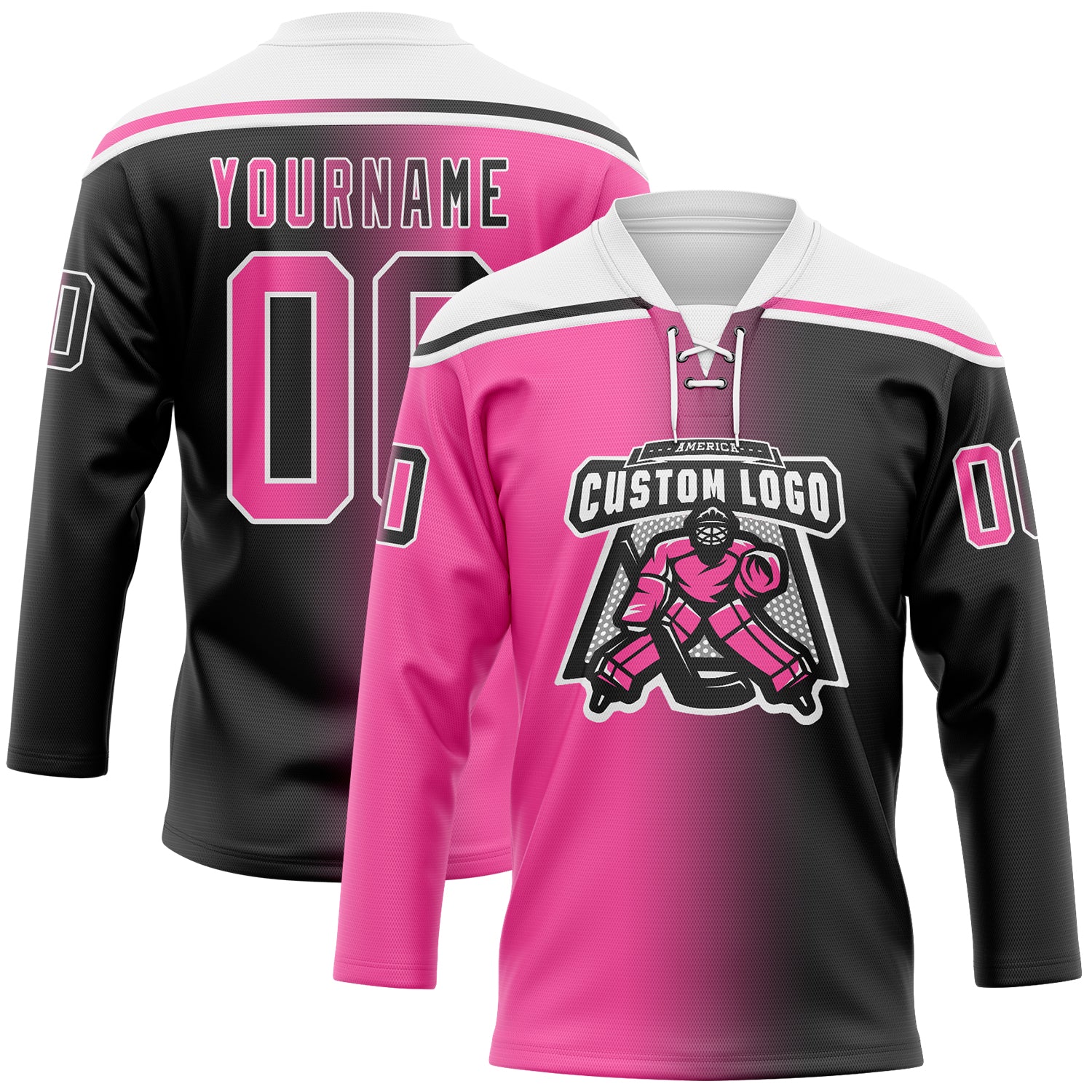 Custom Black Pink-White Gradient Fashion Hockey Lace Neck Jersey - Image 2
