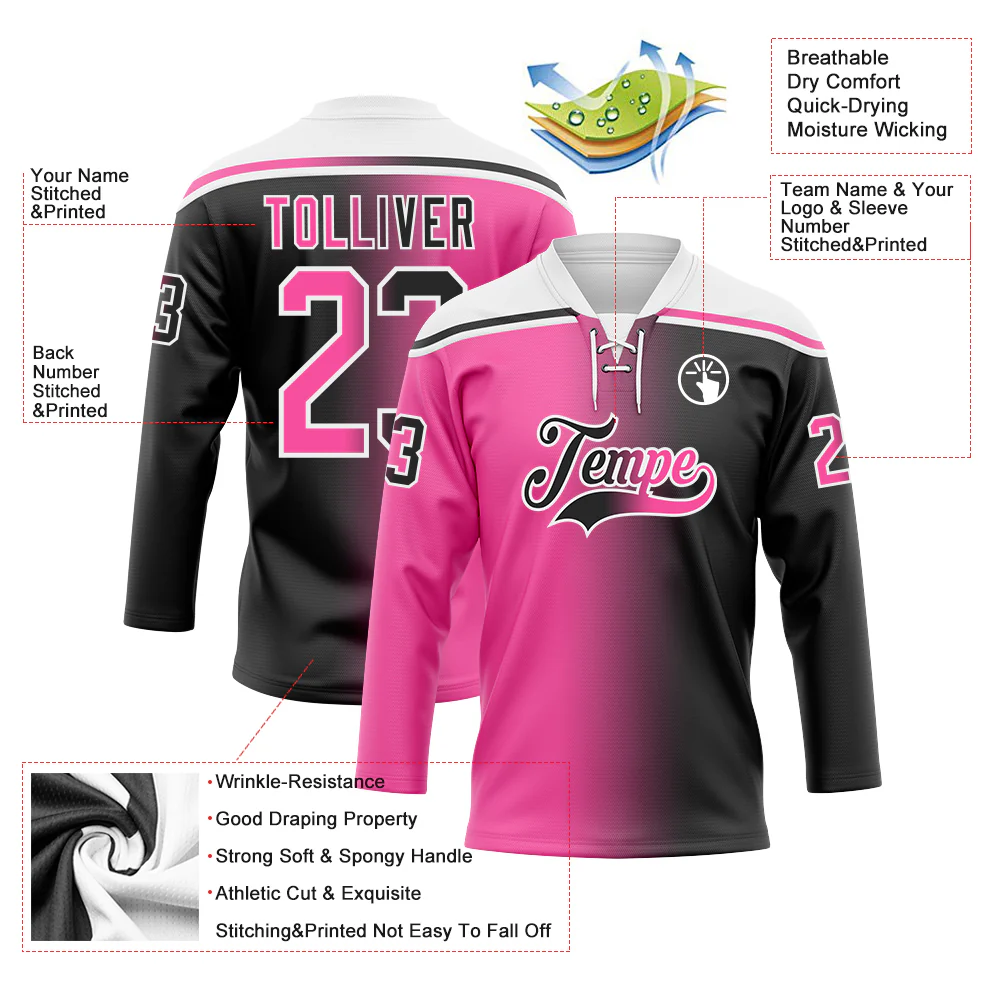 Custom Black Pink-White Gradient Fashion Hockey Lace Neck Jersey - Image 5