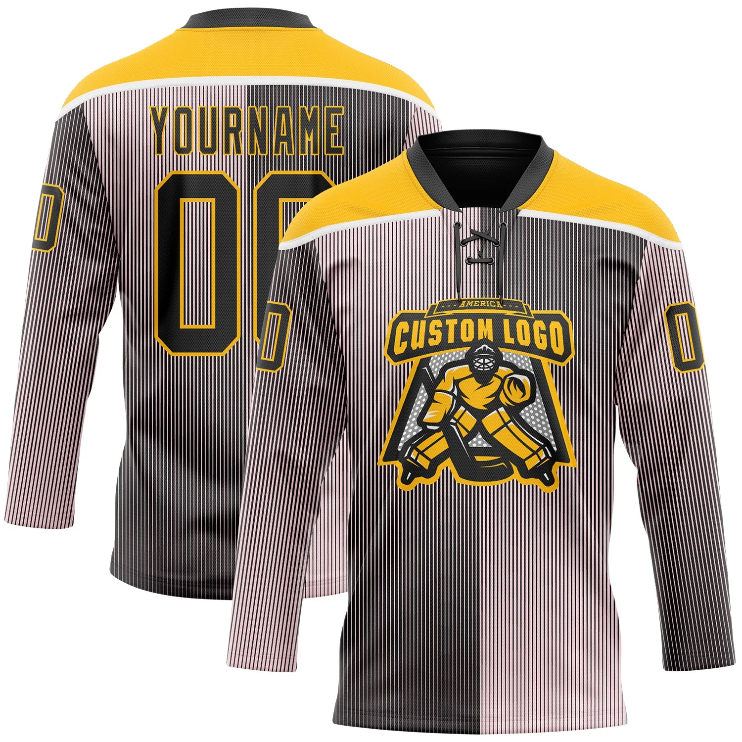 Custom Black Pink Gold-White Stripe Gradient Hockey Lace Neck Jersey - Image 2