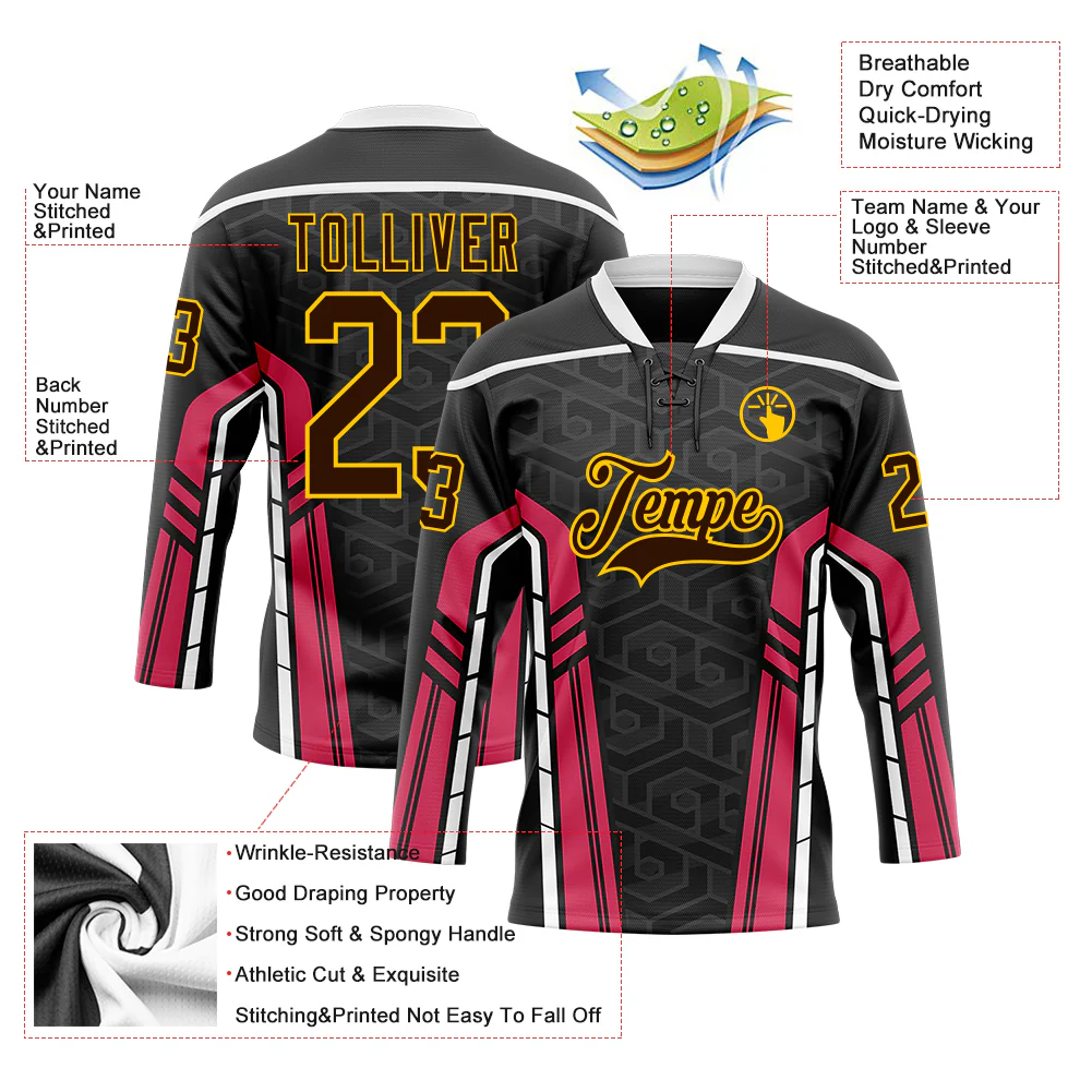Custom Black Brown Pink Yellow-White Abstract Pattern Graphic Cyber Mecha E-sport Hockey Lace Neck Jersey - Image 5