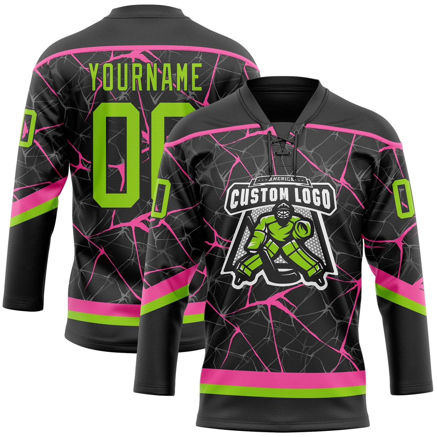 Custom Black Neon Green-Pink 3D Pattern Abstract Network Hockey Lace Neck Jersey - Image 2