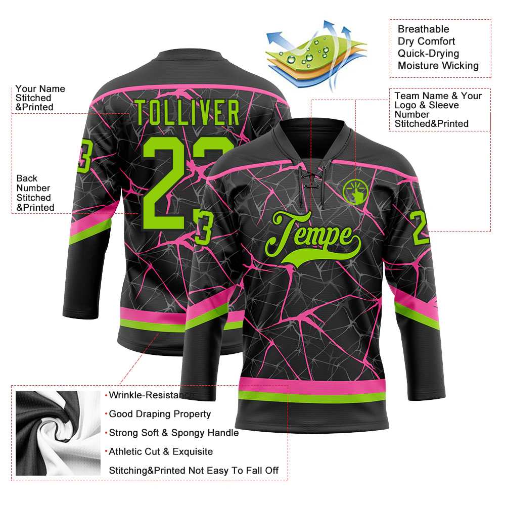 Custom Black Neon Green-Pink 3D Pattern Abstract Network Hockey Lace Neck Jersey - Image 3