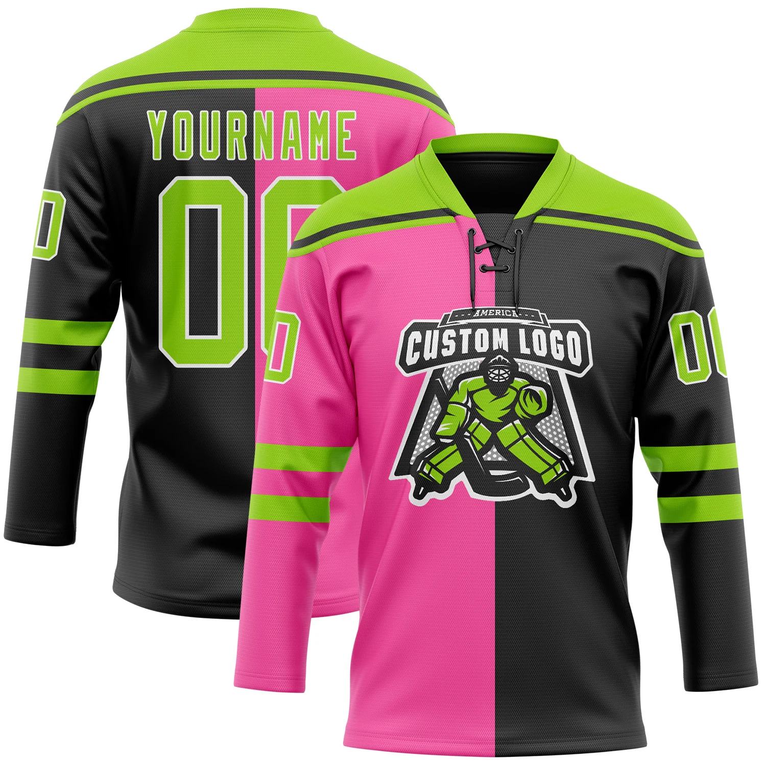 Custom Black Neon Green Pink-White Split Fashion Hockey Lace Neck Jersey - Image 2