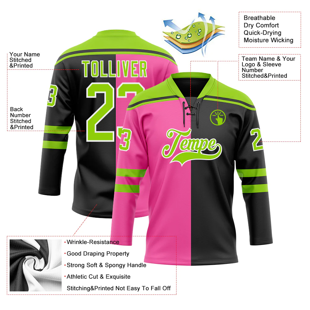 Custom Black Neon Green Pink-White Split Fashion Hockey Lace Neck Jersey - Image 5