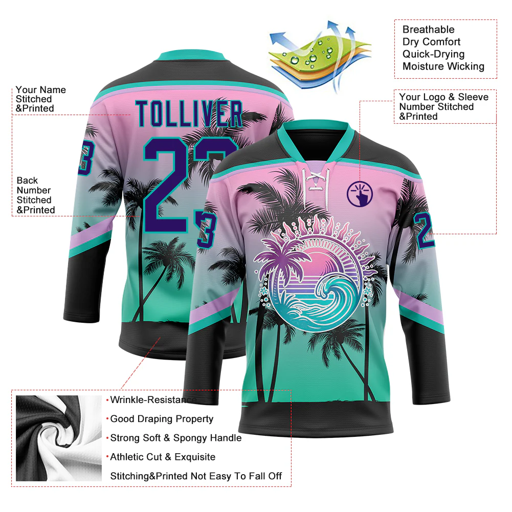 Custom Black Purple Pink-Aqua Gradient Hawaii Tropical Palm Trees Hockey Lace Neck Jersey - Image 4