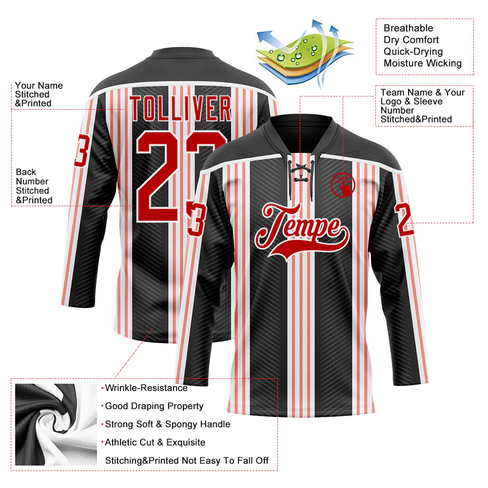 Custom Black Red Pink-White Stripe Hockey Lace Neck Jersey - Image 5