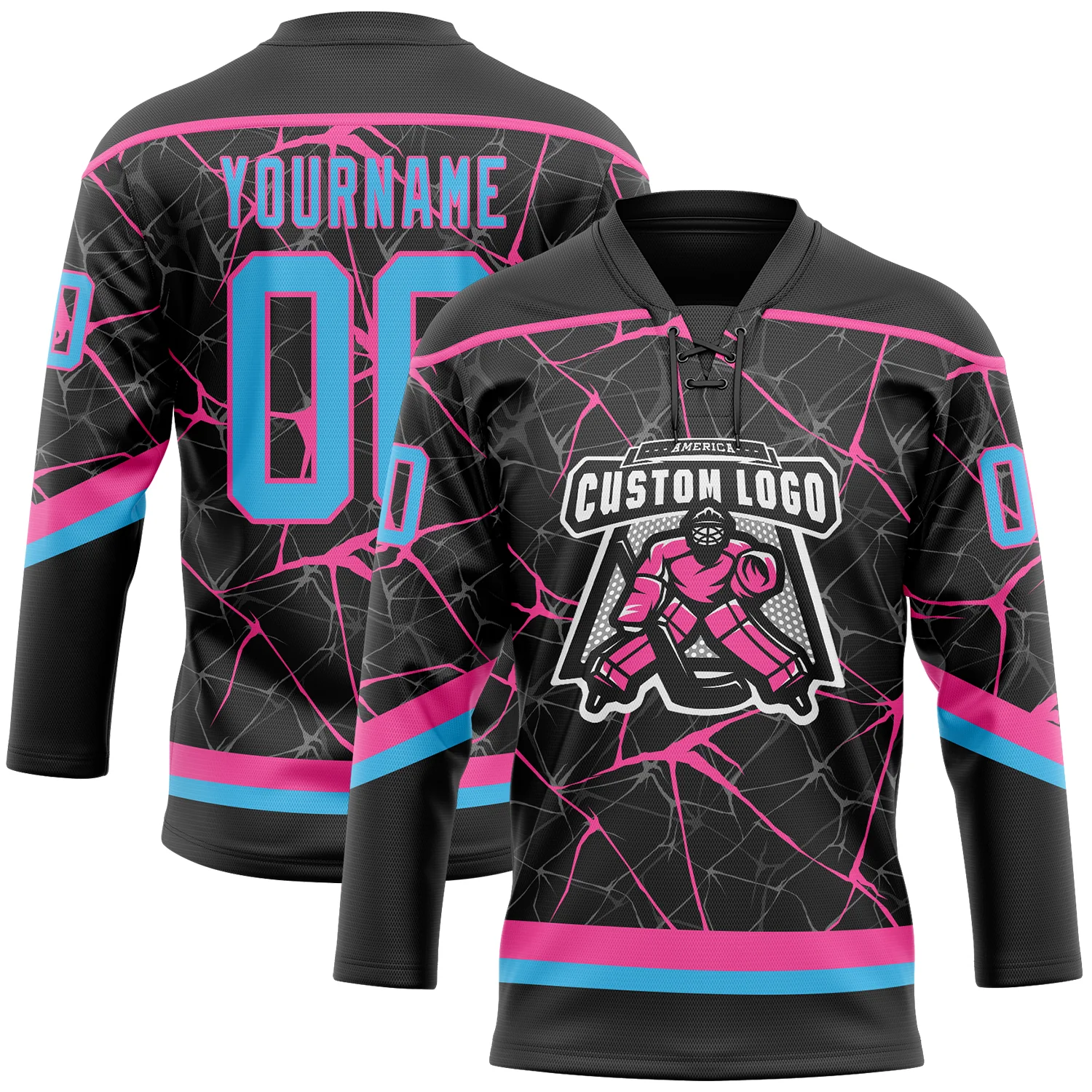 Custom Black Sky Blue-Pink 3D Pattern Abstract Network Hockey Lace Neck Jersey - Image 2