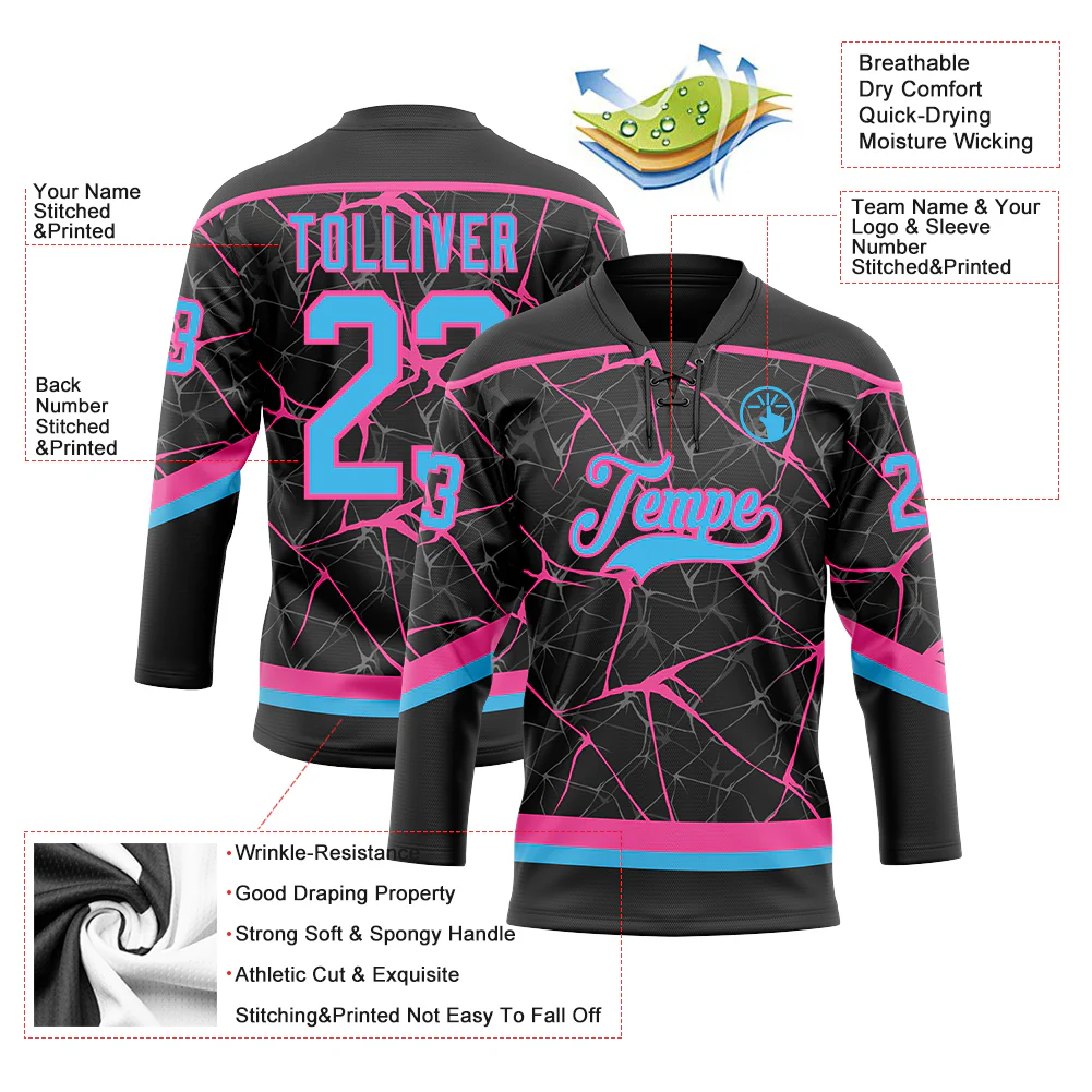 Custom Black Sky Blue-Pink 3D Pattern Abstract Network Hockey Lace Neck Jersey - Image 3