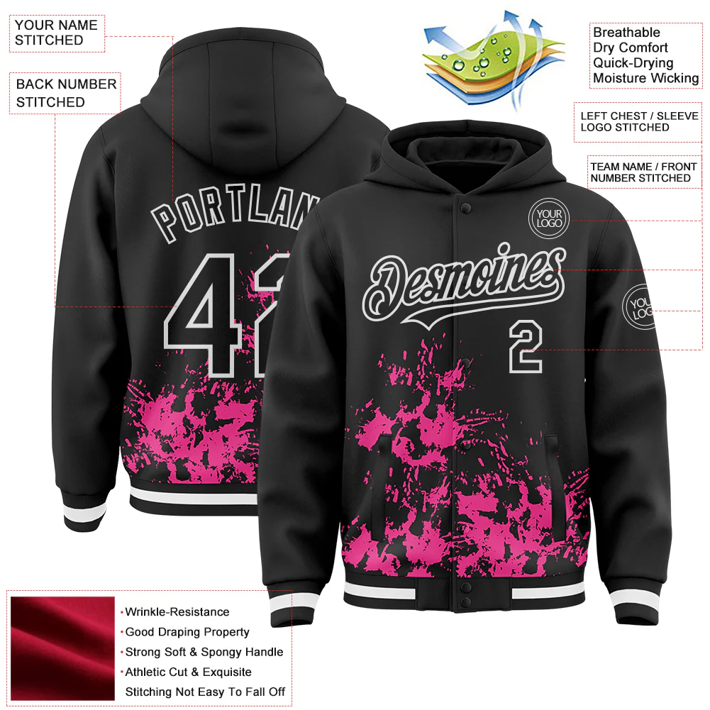 Custom Black Pink-White Splash Art 3D Pattern Design Bomber Full-Snap Varsity Letterman Hoodie Jacket - Image 4