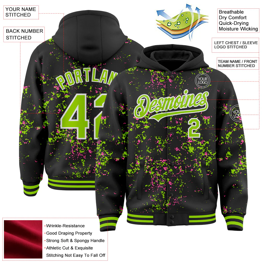 Custom Black Neon Green Pink-White Fragment Pattern Bomber Full-Snap Varsity Letterman Hoodie Jacket - Image 4