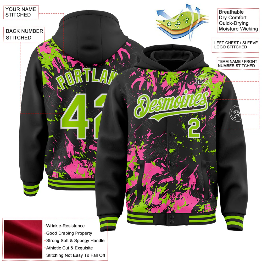 Custom Black Neon Green Pink-White Splash Bomber Full-Snap Varsity Letterman Hoodie Jacket - Image 4