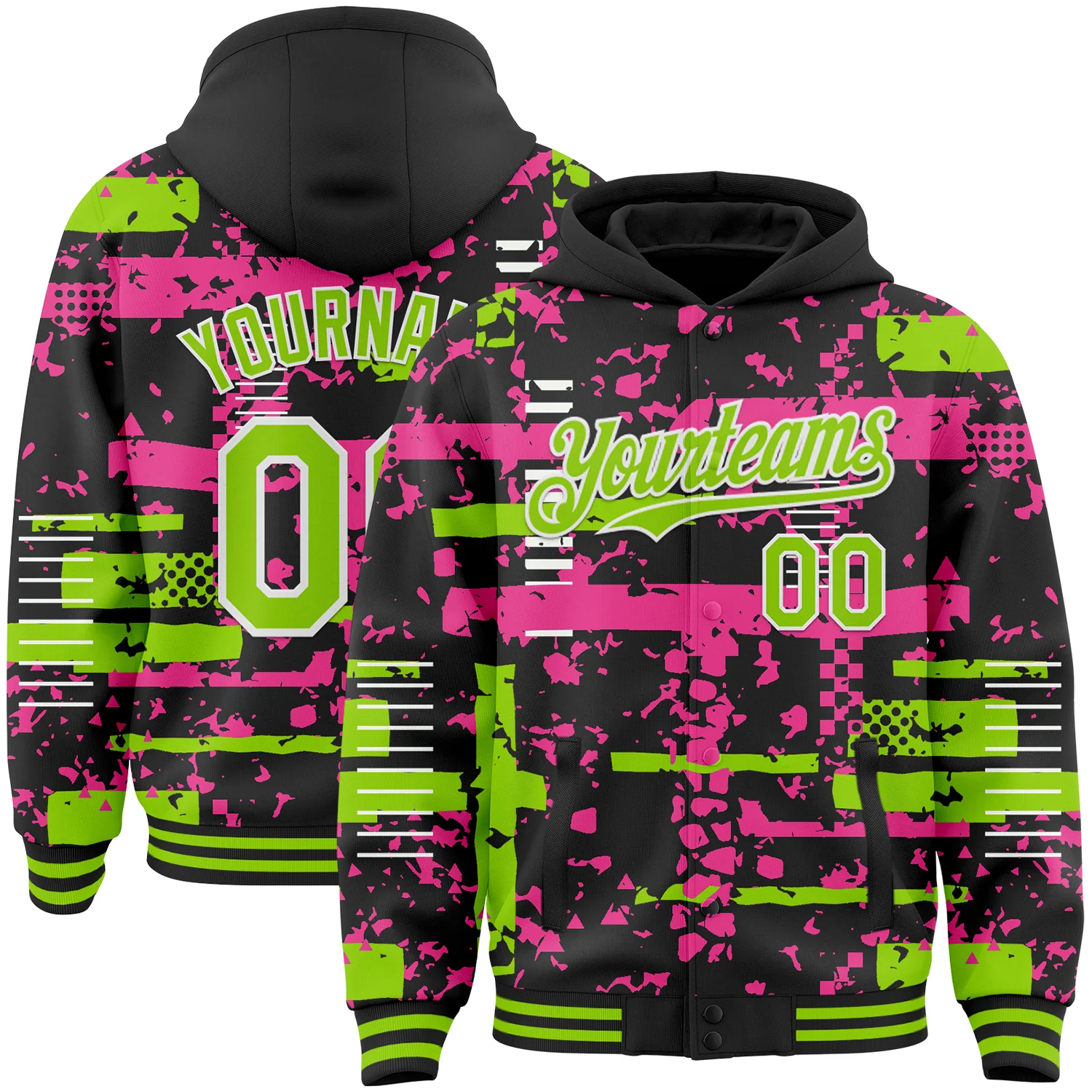Custom Black Neon Green Pink-White Abstract Fragment Shape Bomber Full-Snap Varsity Letterman Hoodie Jacket