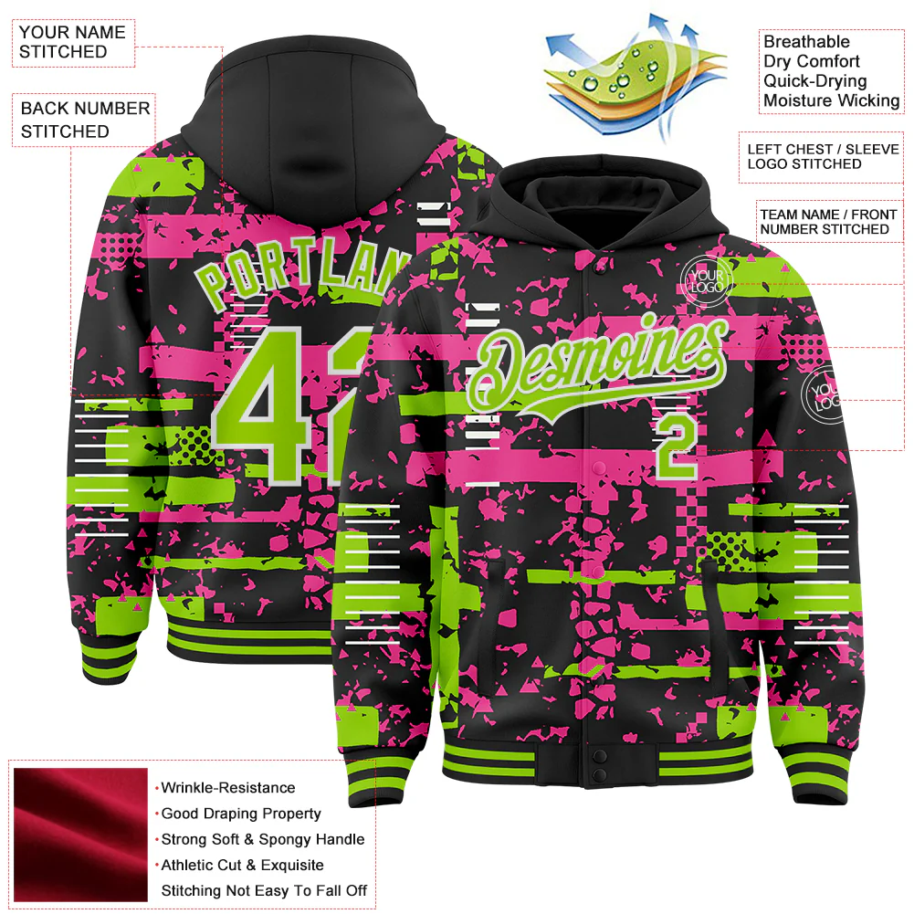 Custom Black Neon Green Pink-White Abstract Fragment Shape Bomber Full-Snap Varsity Letterman Hoodie Jacket - Image 4