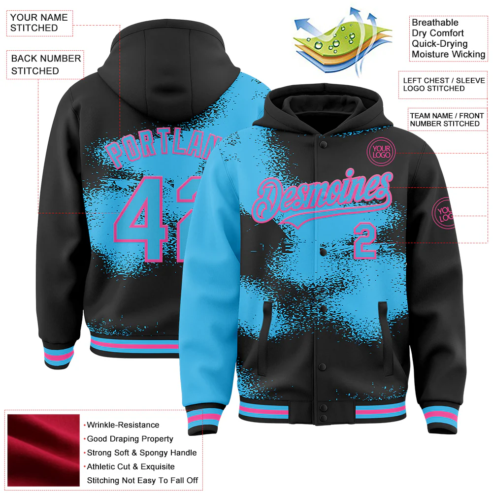 Custom Black Sky Blue-Pink Abstract Color Blocks Fragment Pattern Bomber Full-Snap Varsity Letterman Hoodie Jacket - Image 4