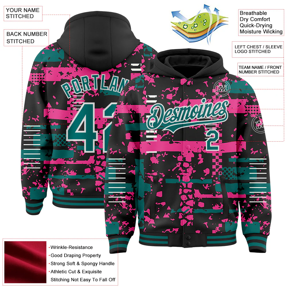 Custom Black Teal Pink-White Abstract Fragment Shape Bomber Full-Snap Varsity Letterman Hoodie Jacket - Image 4