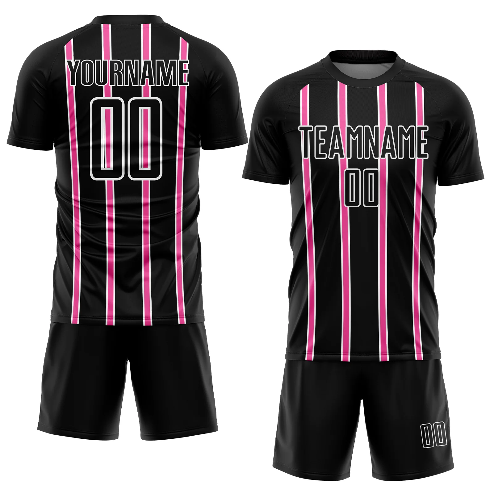 Custom Black Pink-White Stripe Line Sublimation Soccer Uniform Jersey - Image 2
