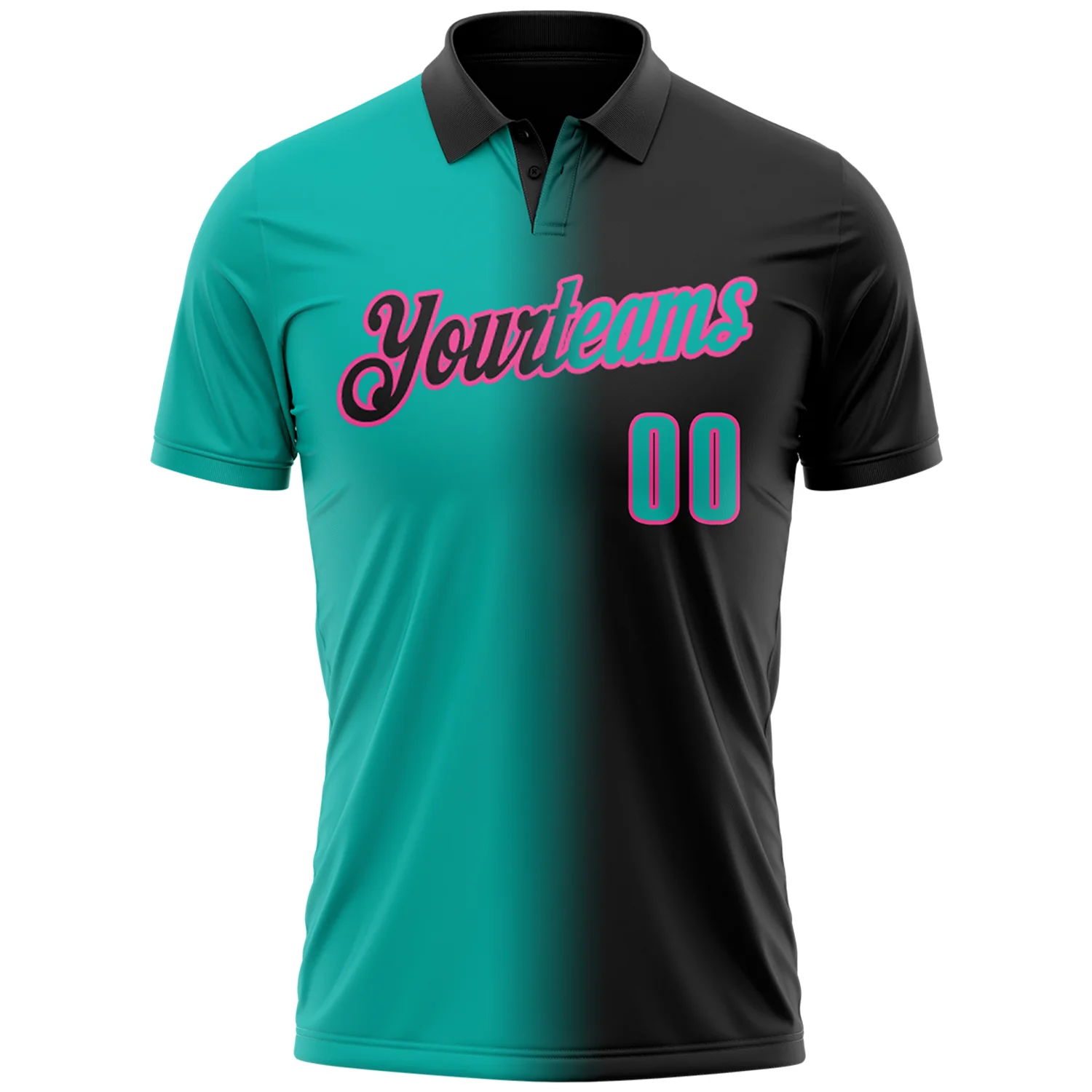 Custom Black Aqua-Pink 3D Gradient Fashion Performance Polo Shirt - Image 2