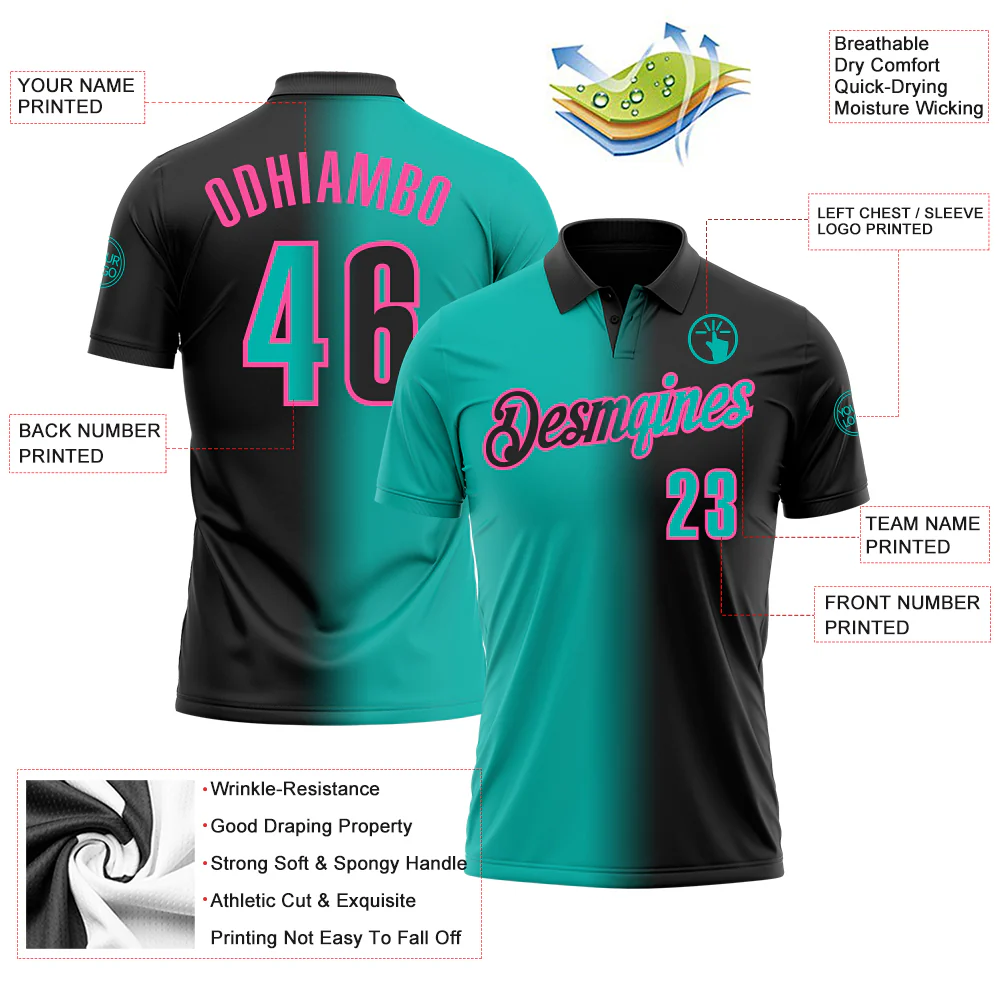 Custom Black Aqua-Pink 3D Gradient Fashion Performance Polo Shirt - Image 3