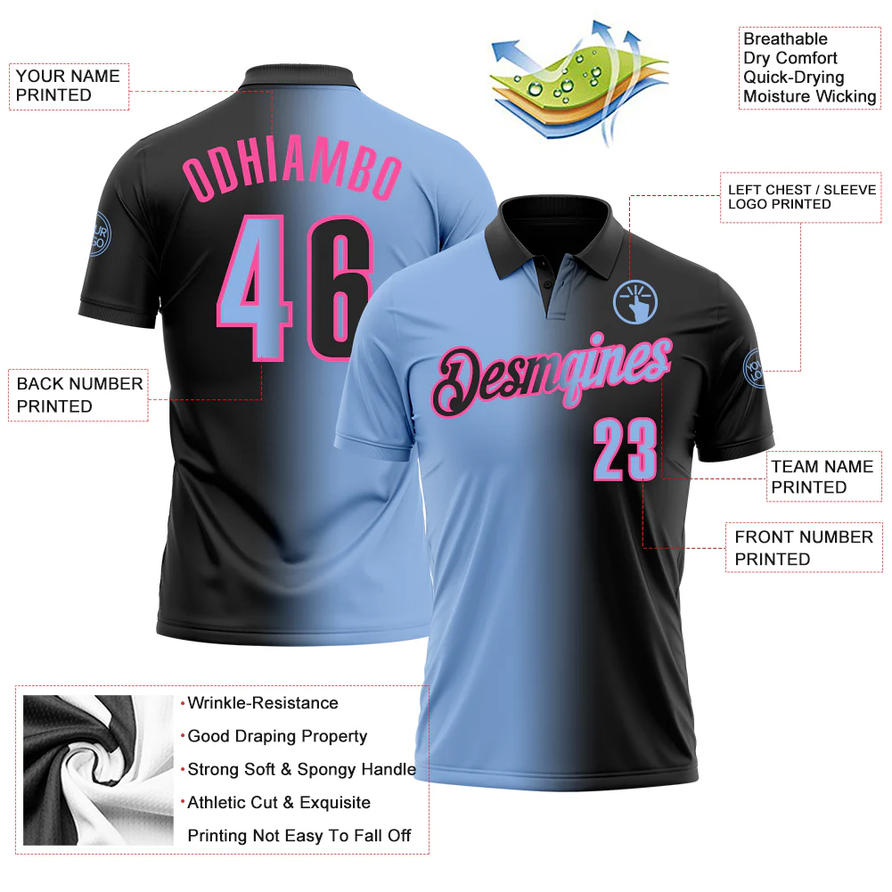 Custom Black Light Blue-Pink 3D Gradient Fashion Performance Polo Shirt - Image 3