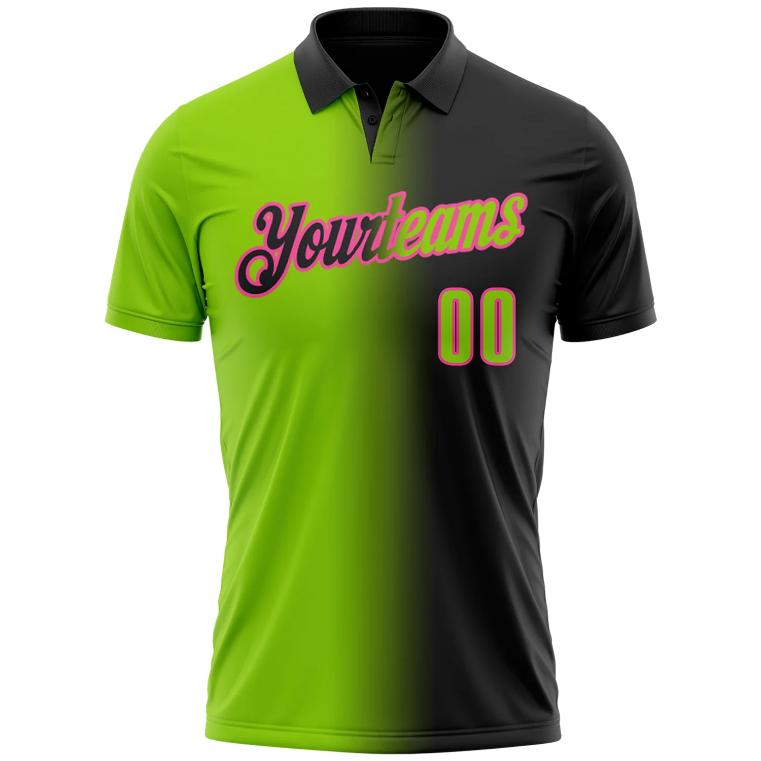 Custom Black Neon Green-Pink 3D Gradient Fashion Performance Polo Shirt - Image 2