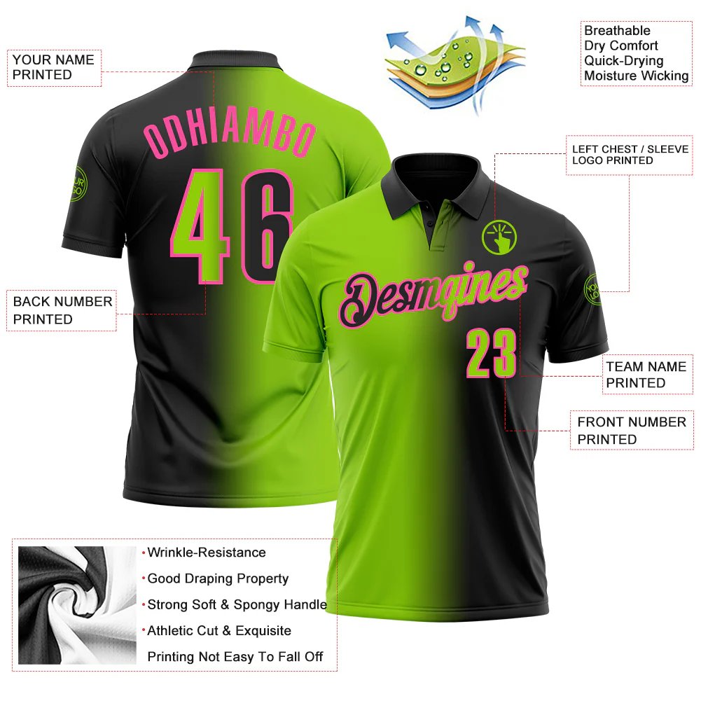 Custom Black Neon Green-Pink 3D Gradient Fashion Performance Polo Shirt - Image 3